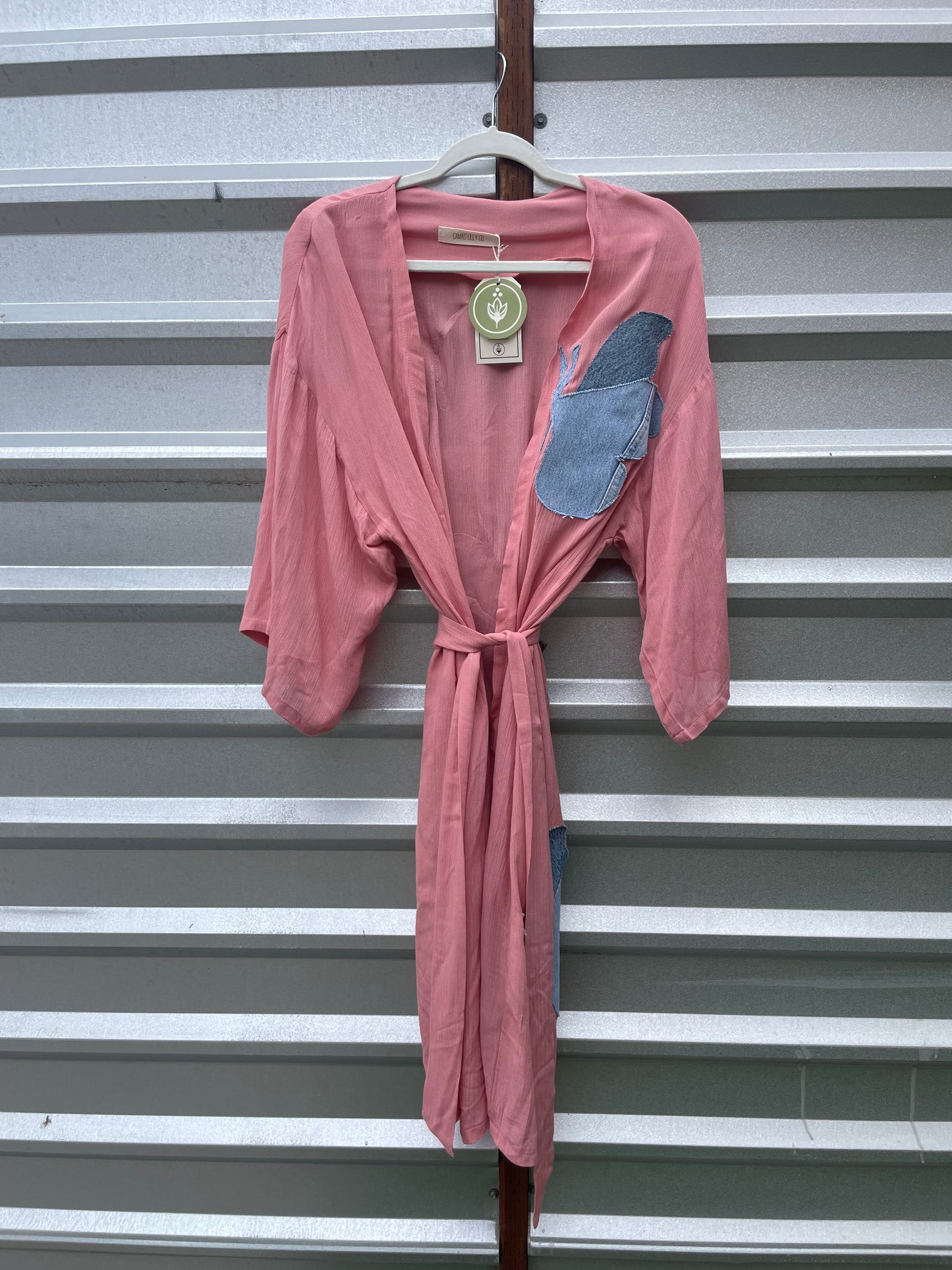 “Butterfly Summer” Pink Denim Upcycled Long Robe OOAK
