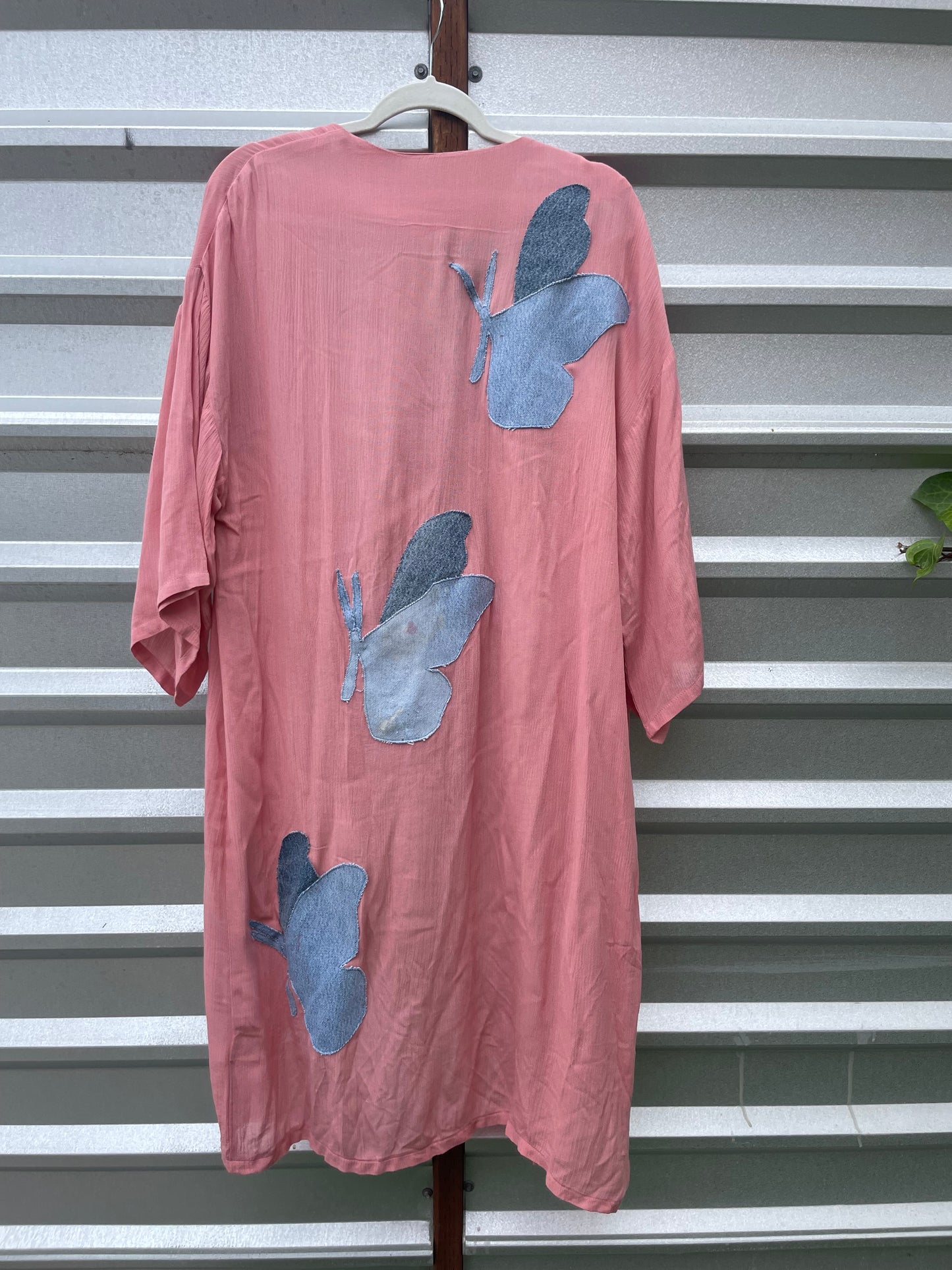 “Butterfly Summer” Pink Denim Upcycled Long Robe OOAK