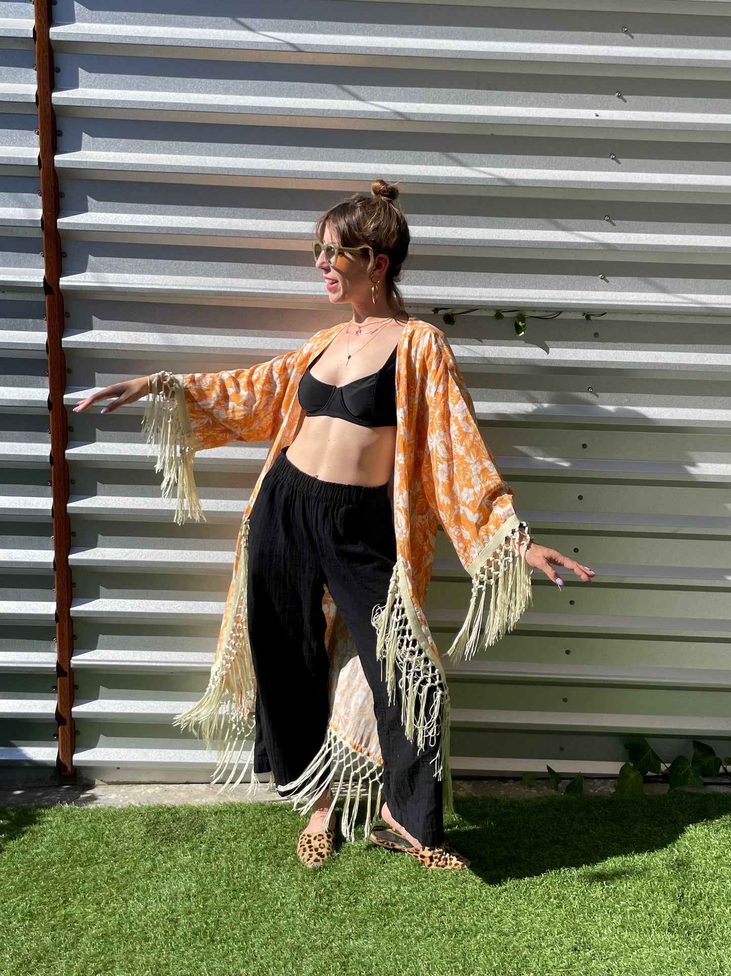 Tangerine Orange White Hibiscus Tropical Floral Vintage Inspired Print Heron Robe Made to Order: "Tangerine Dream"