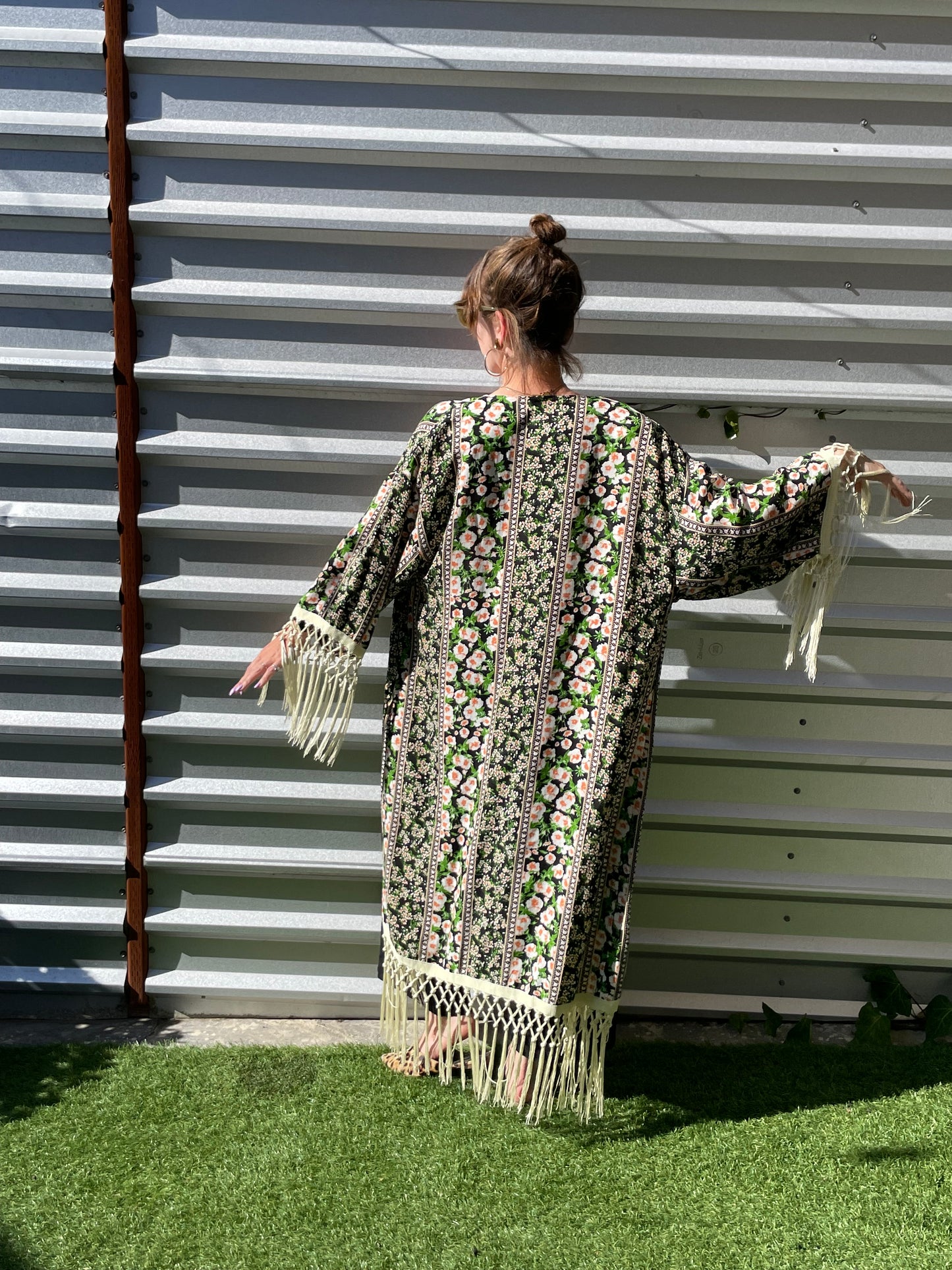 "Lake Garden" Black White Stripe Boho Floral Vintage Inspired Print Heron Robe Made to Order: