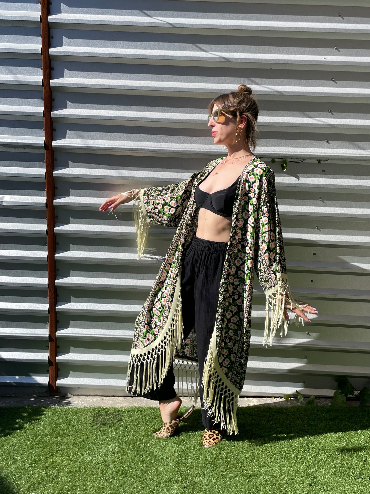 "Lake Garden" Black White Stripe Boho Floral Vintage Inspired Print Heron Robe Made to Order:
