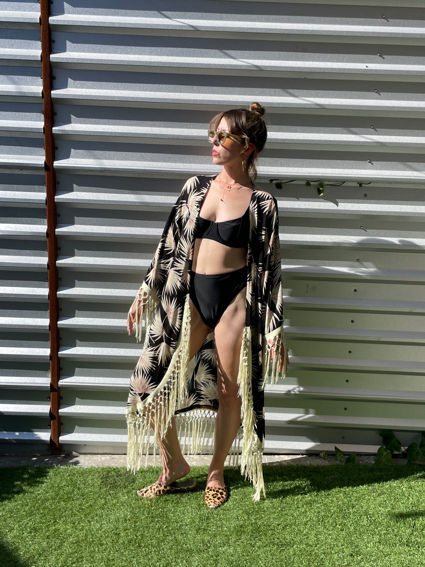 Black Sage Palm Vintage Inspired Print Heron Robe Made to Order: "Palm Springs at Midnight"