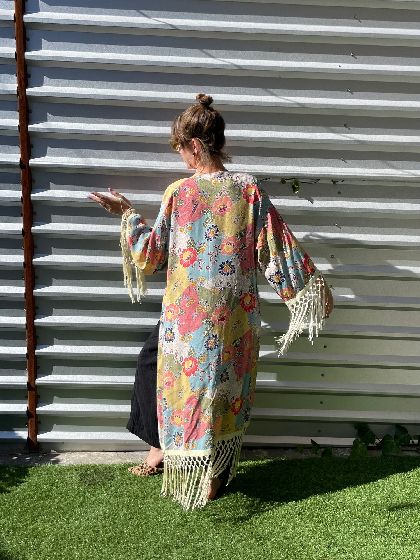 Blue Pink Polive Cream Dot Patchwork Boho Floral Vintage Inspired Print Heron Robe Made to Order: "Summer in Austin"