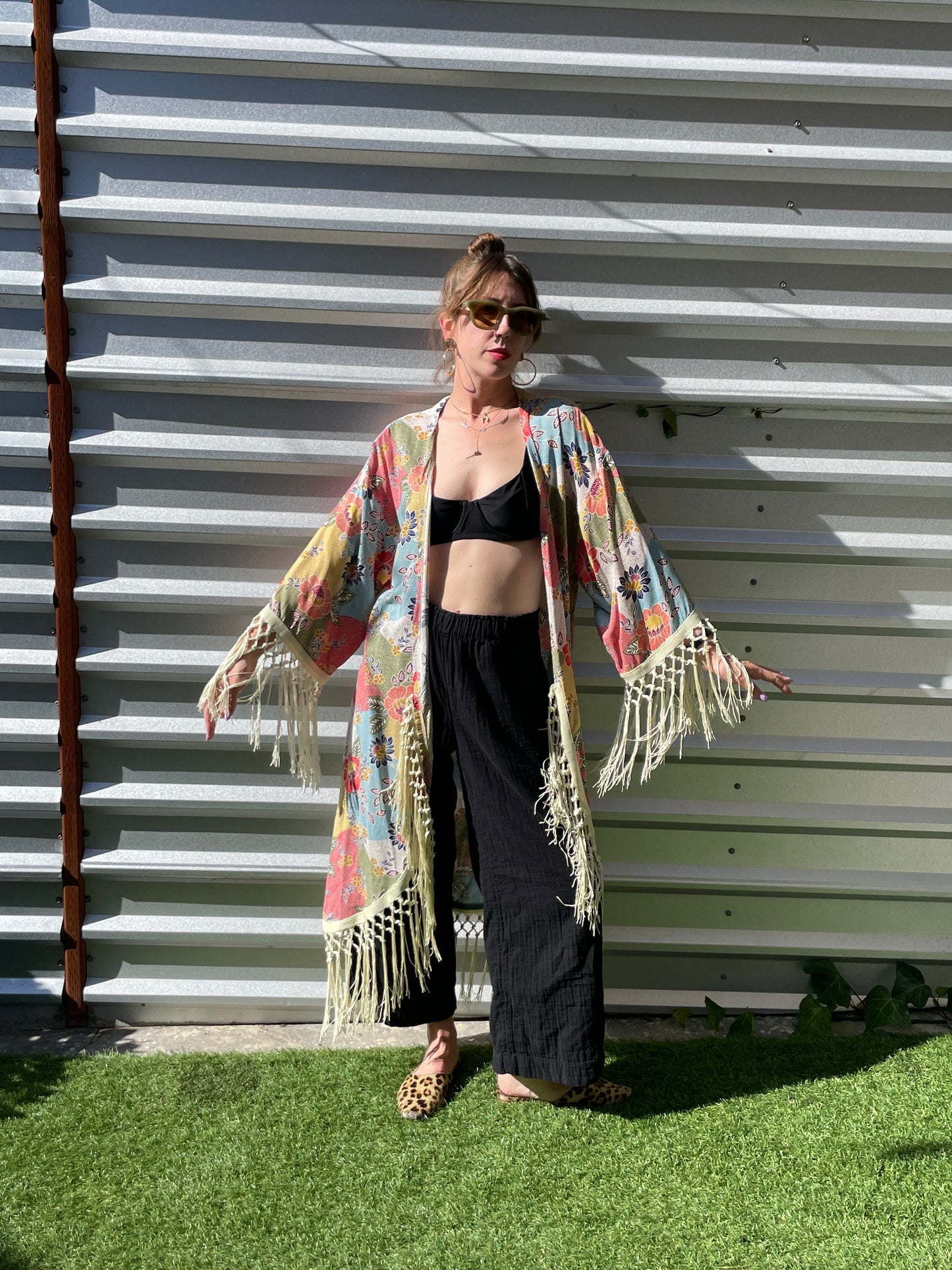 Blue Pink Polive Cream Dot Patchwork Boho Floral Vintage Inspired Print Heron Robe Made to Order: "Summer in Austin"