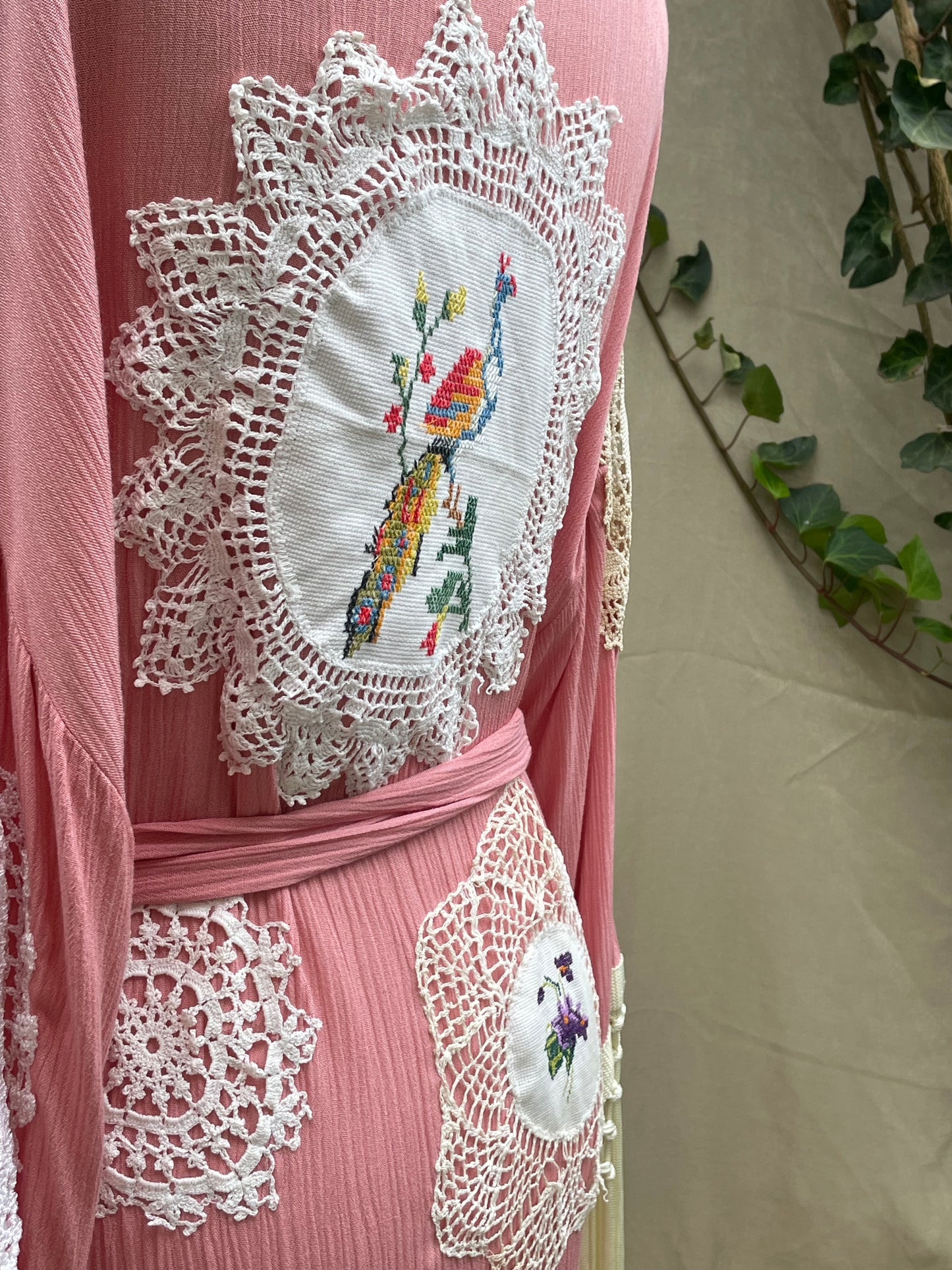 "Oma to Oma" Pink OOAK Robe Upcycled Lacy Danity Doillies OS(fits S-XL)