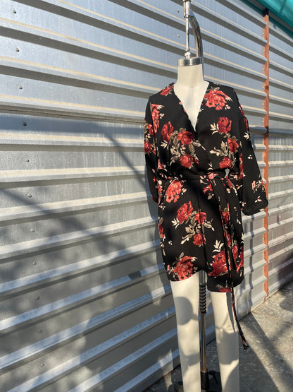 Black Burgundy Rose Floral Knee Length robe OS (fits small-XL)