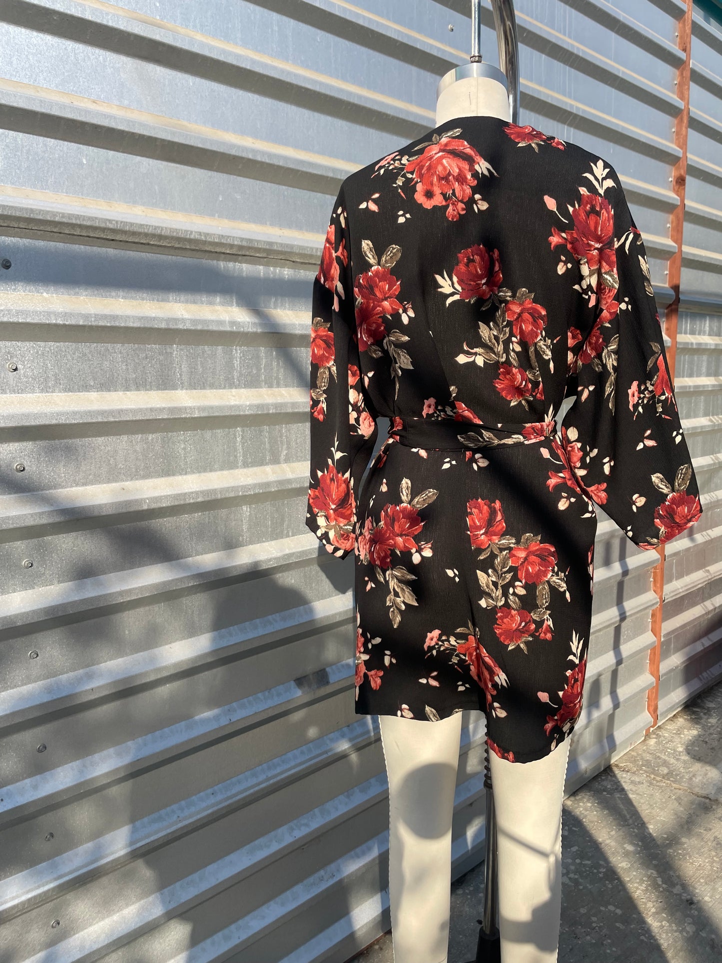 Black Burgundy Rose Floral Knee Length robe OS (fits small-XL)