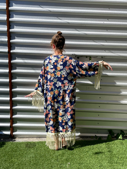 Navy Blue Orange Green Multi Butterfly Vintage Inspired Print  Heron Robe Made to Order: "Summer of 69' "