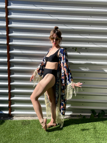 Navy Blue Orange Green Multi Butterfly Vintage Inspired Print  Heron Robe Made to Order: "Summer of 69' "