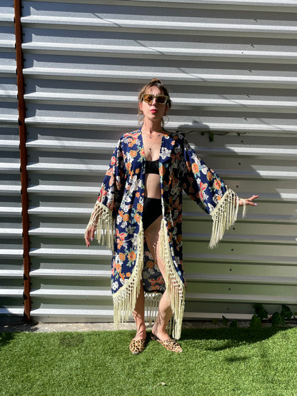 Navy Blue Orange Green Multi Butterfly Vintage Inspired Print  Heron Robe Made to Order: "Summer of 69' "
