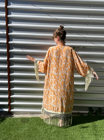 Tangerine Orange White Hibiscus Tropical Floral Vintage Inspired Print  Heron Robe Made to Order: "Tangerine Dream"