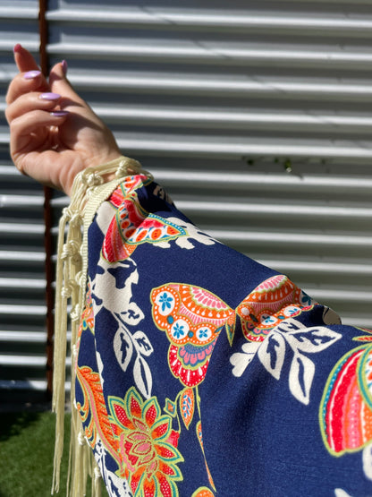 Navy Blue Orange Green Multi Butterfly Vintage Inspired Print  Heron Robe Made to Order: "Summer of 69' "