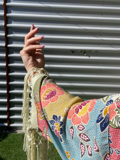 Blue Pink Polive Cream Dot  Patchwork Boho Floral Vintage Inspired Print  Heron Robe Made to Order: "Summer in Austin"