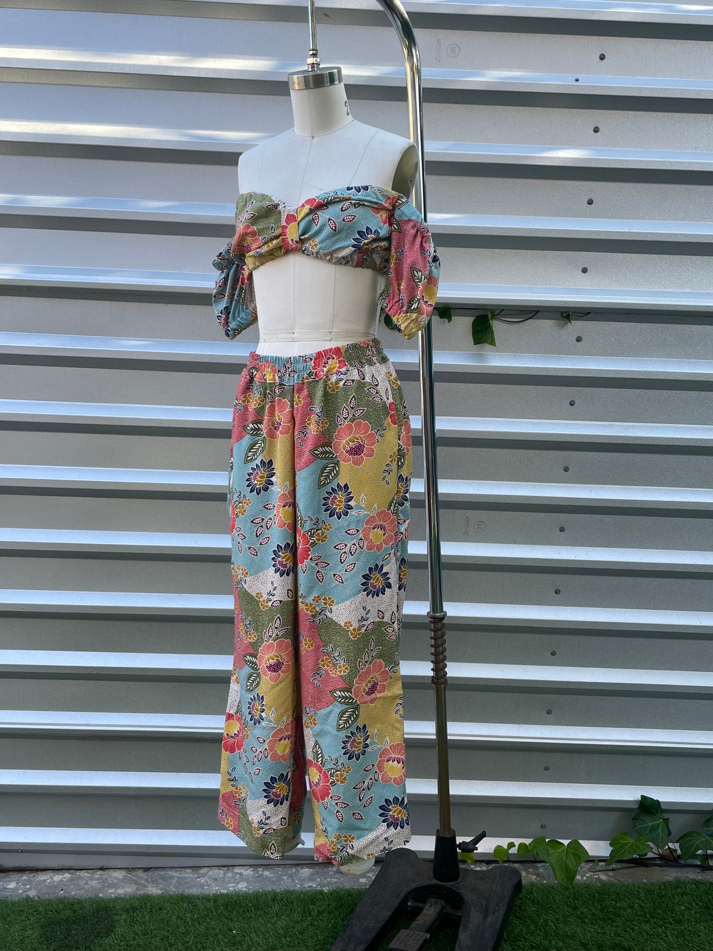 'Summer in Austin' Blue Pink Olive Cream Dot Patchwork Boho Floral Vintage Inspired Print  Off-the-Shoulder Summer Top "Cassie"