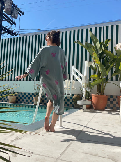 "Neon Sage" Sage Pink Daisy OOAK Long Robe OS(fits S-XL) Handprinted SAMPLE SALE