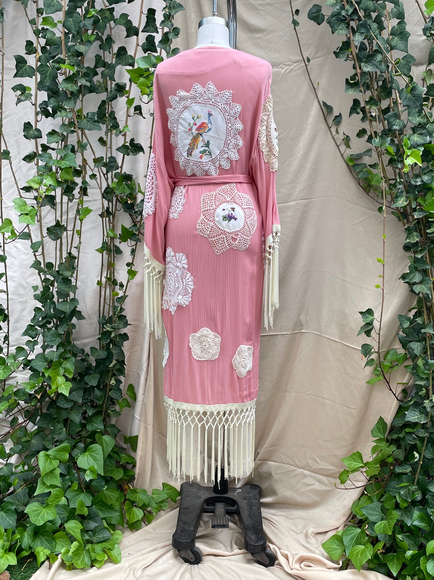 "Oma to Oma" Pink OOAK Robe Upcycled Lacy Danity Doillies  OS(fits S-XL)