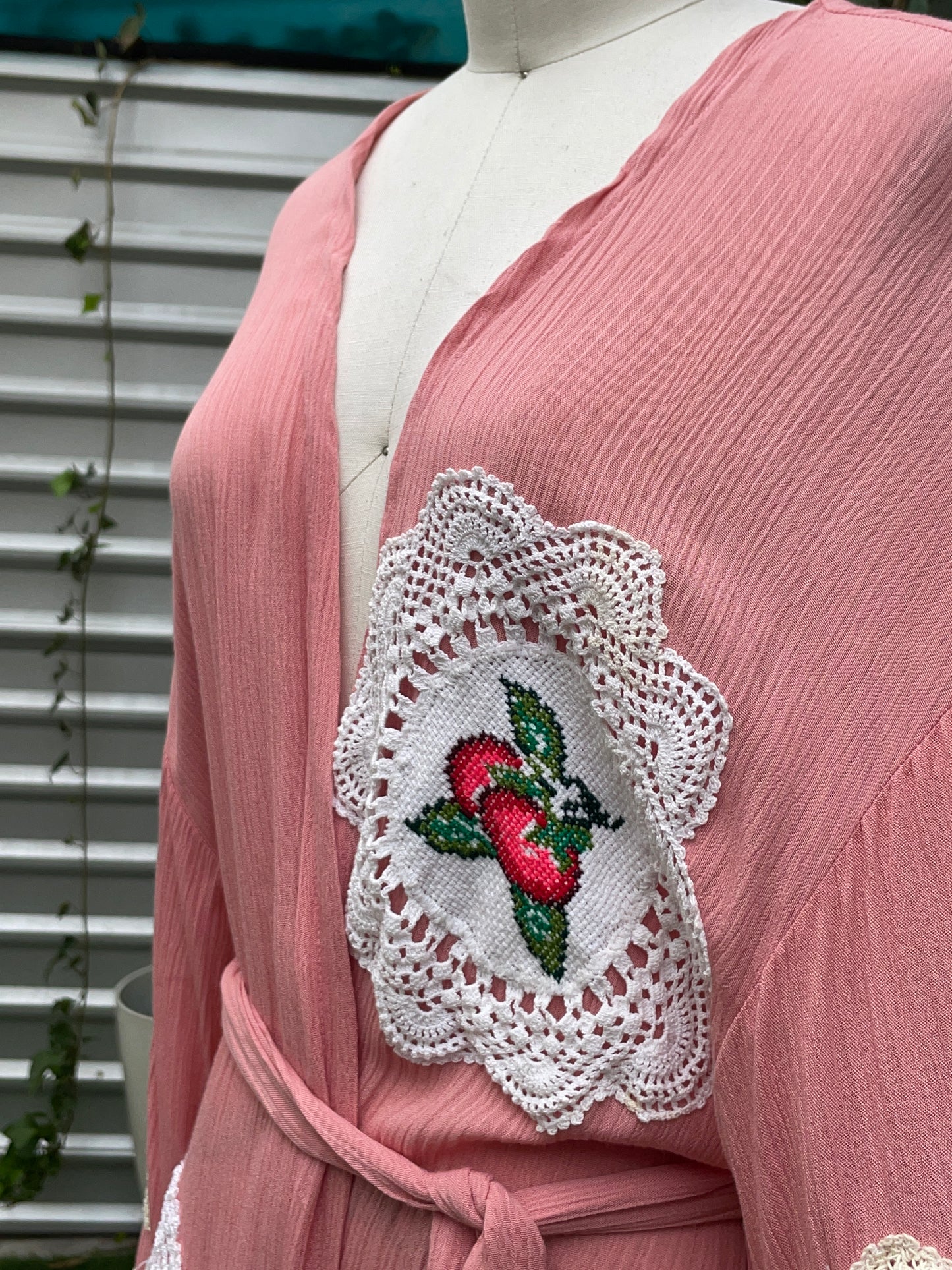 "Oma to Oma" Pink OOAK Robe Upcycled Lacy Danity Doillies  OS(fits S-XL)