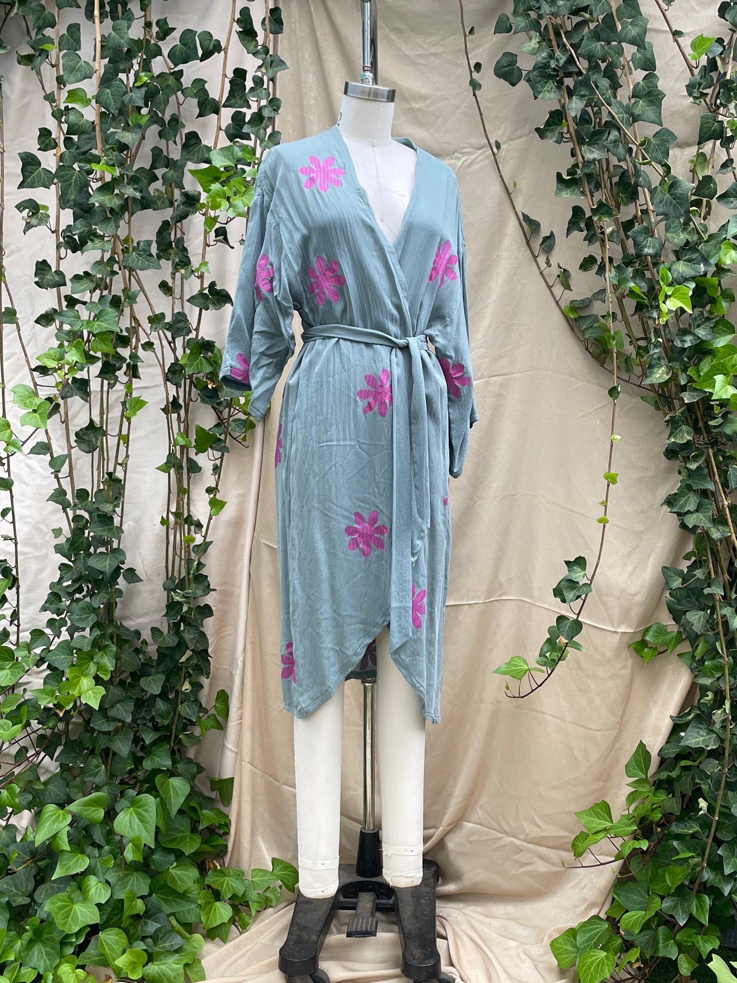 "Neon Sage" Sage Pink Daisy OOAK Long Robe OS(fits S-XL) Handprinted SAMPLE SALE
